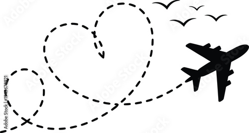 Airplane Flying Heart Shaped Dash Line Trail With Birds Travel Concept Vector Illustration