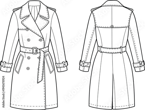 Women trench coat technical fashion drawing with front and back view classic belted outerwear clothing design vector illustration