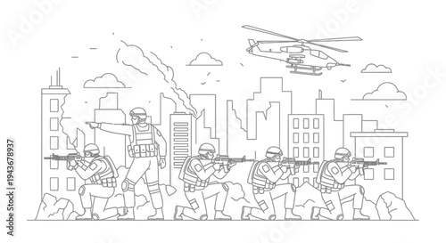 Military soldiers in combat, city battle scene with helicopter and smoke