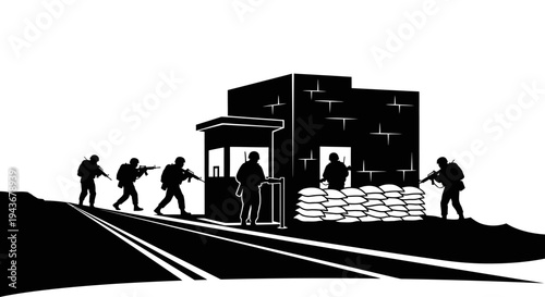 Military soldiers guarding checkpoint with sandbags and building, armed patrol on duty