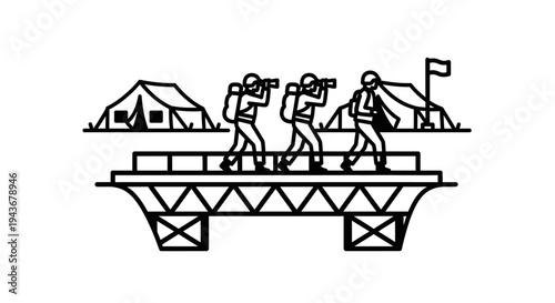 Military Soldiers Crossing Bridge with Tents and Flag, Combat Ready