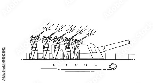 Military Salute: Soldiers Fire Rifles on Ship Deck with Cannon