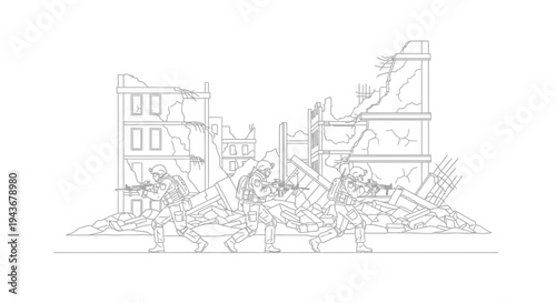 Military Soldiers in Ruined Cityscape, Combat Scene, Destruction
