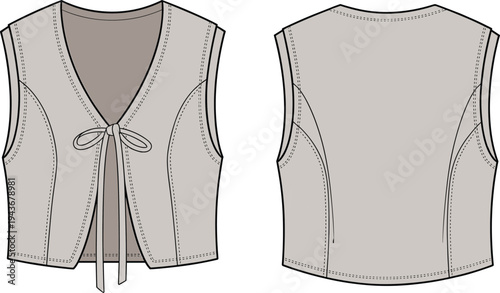 Women vest fashion technical drawing with front tie detail and back view sleeveless clothing design template vector illustration
