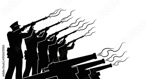 Military Salute Firing Squad Silhouette with Cannons and Smoke