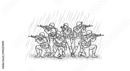Military Squad in Action: Soldiers with Rifles in Combat Stance, Rain Effect