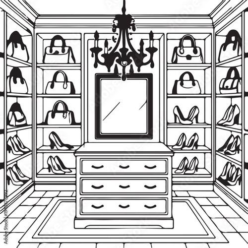 Elegant walk-in closet interior design featuring organized shelves of handbags and shoes with a central dresser.