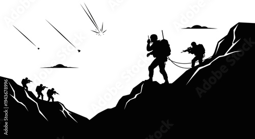 Military Team Ascending Mountainous Terrain Under Fire, Combat Mission