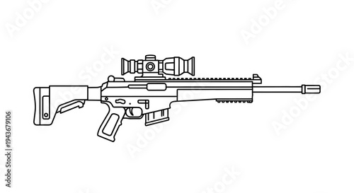 Modern Assault Rifle with Scope - Line Art Illustration