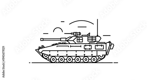 Modern Armored Tank Silhouette, Military Vehicle Line Art Icon