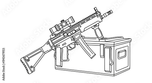 Modern Assault Rifle with Scope on Crate - Line Art Illustration