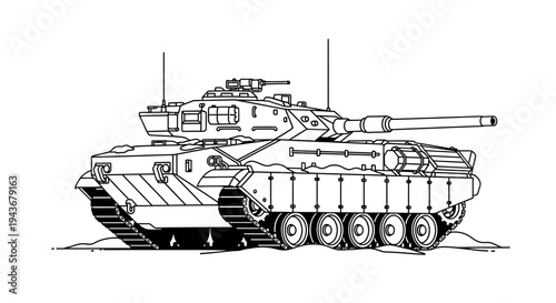 Modern Battle Tank Line Art Illustration - Military Vehicle Design