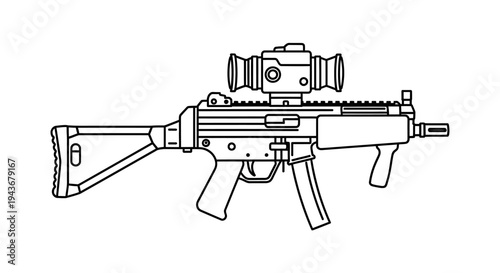 Modern Assault Rifle with Scope and Foregrip - Line Art Illustration