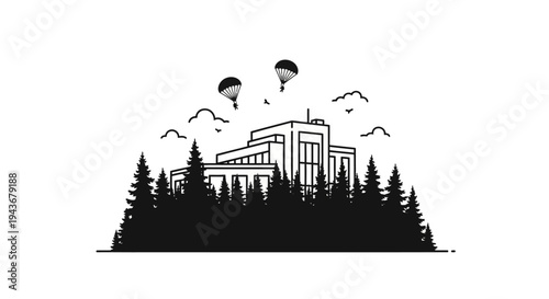Modern Building in Forest with Parachutes Descending