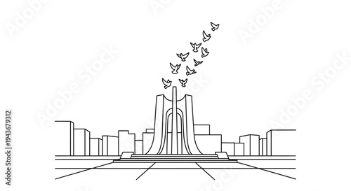 Monumental Architecture with Birds Flying Upwards, Symbolizing Peace and Freedom