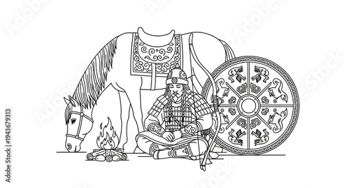Mongol Warrior Resting by Campfire with Horse and Shield
