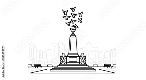 Monument with Birds Flying Upwards, Symbolizing Freedom and Peace in a City Square