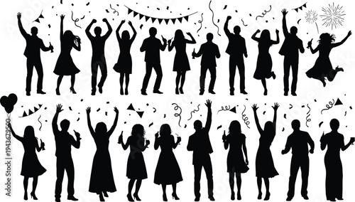 Party celebration silhouettes, dancing people illustration, festive crowd icons, joyful event graphics, holiday party artwork, social gathering design, confetti fireworks background