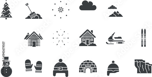 Winter holiday icons set, snow season symbols collection, snowman cabin skis snowmobile snowflake vector illustration pack