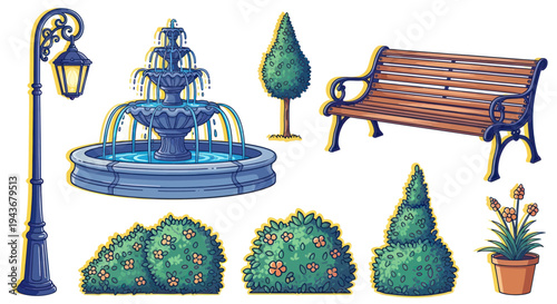 Pixel Art Park Elements: Fountain, Bench, Lamp Post, Topiary, and Flowers