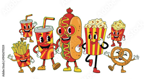 Retro Cartoon Fast Food Characters - Hot Dog, Fries, Popcorn, Soda, Pretzel