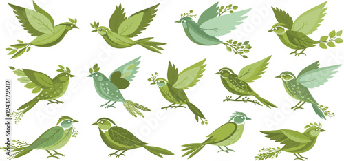 Set of green birds with leaves and branches, nature inspired decorative bird collection, eco themed wildlife vector illustration