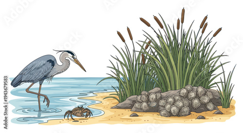 Heron Bird and Crab on Beach Next to Cattails and Rocks, Wildlife Scene