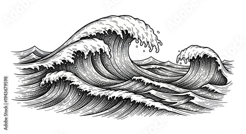 Hand-drawn sketch of powerful ocean waves crashing, vintage style illustration