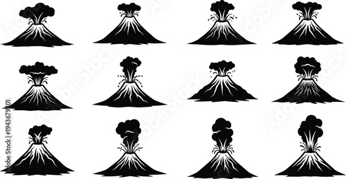 Volcano eruption illustration set, black and white volcanic icons, erupting mountain sketches, lava explosion drawings, geology symbols, natural disaster graphics
