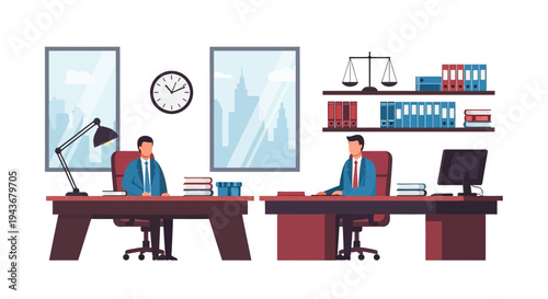 Two lawyers in office discussing legal case with books and scales of justice.