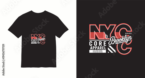 NYC Brooklyn core apparel t-shirt design with modern typography and red accents