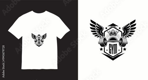 Vintage gym fitness emblem design with barbell, wings, and crown on a shield
