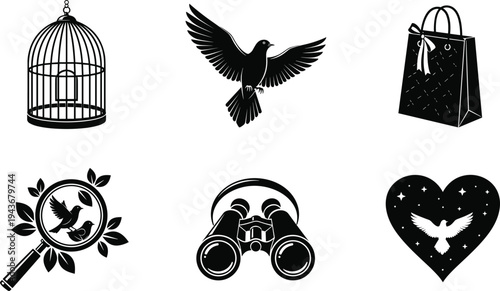 Set of black bird watching and nature silhouettes featuring birdcage flying dove binoculars magnifying glass gift bag and heart icons isolated on white