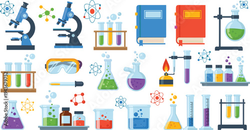 Science Laboratory Equipment Vector Icon Set with Microscope, Test Tubes, Beakers, Flasks, Chemistry Tools and Scientific Research Experiment Elements