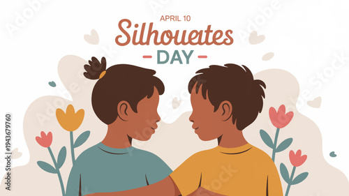 Two women in colorful shirts facing each other with flowers and clouds on silhouettes day