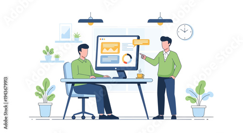 Two men collaborating on a computer project in an office setting.