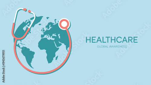 Global healthcare concept with stethoscope around the world map on blue background