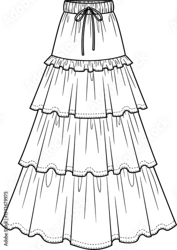Technical Vector Illustration of a Women Tiered Maxi Skirt Mockup with Ruffle Layers and Elastic Waistband Drawstring Fashion Design Flat Sketch Template for Apparel