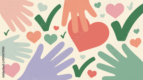 Diverse hands forming a heart with checkmarks and colorful hearts on a beige background symbolizing love and agreement