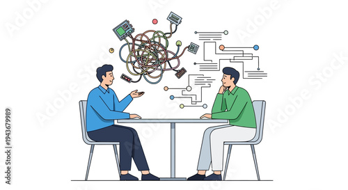 Two men discussing complex ideas at a table.