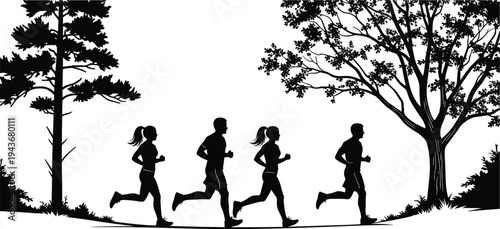 Silhouette joggers outdoors, group running exercise, men and women fitness, park trees background, healthy lifestyle, nature workout, athletic activity