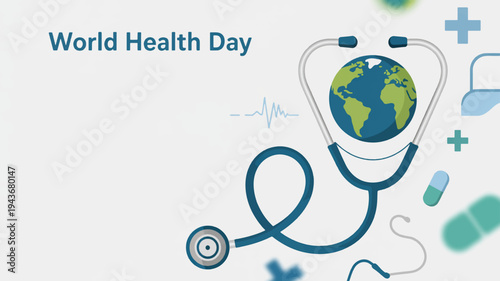 World health day stethoscope wrapped around earth globe with medical symbols and pills on white background