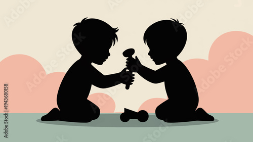 Two children share a toy sitting on the ground with a pastel background and clouds