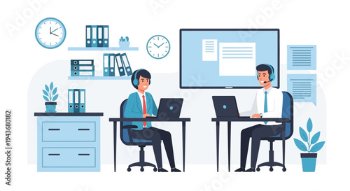 Two men working in a modern office environment.