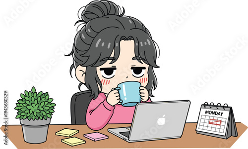 Tired young woman drinking coffee while working on laptop at desk with monday calendar and plant in cute anime art style on white background