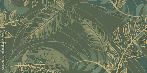 Elegant tropical leaves and birds create a seamless pattern