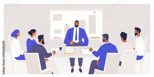 A diverse business team collaborates in a modern conference room setting