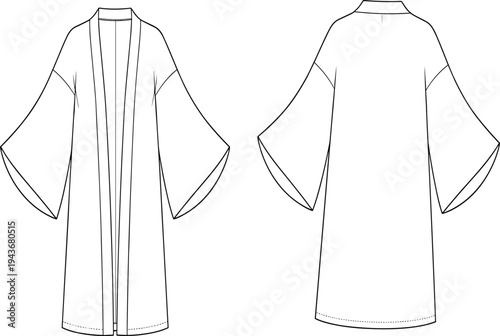 Title Technical Flat Sketch of a Long Kimono Robe with Wide Bell Sleeves and Banded Collar Front and Back View for Fashion Design and Tech Packs.