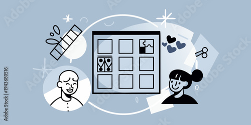 Illustration depicting a digital mood board with people and icons