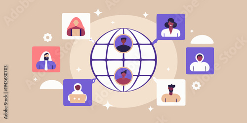 Diverse group of people connecting through a global network illustration